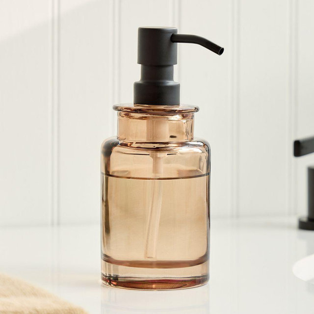 Apothecary Glass Bath Accessories, Soap Pump, Smokey Taupe