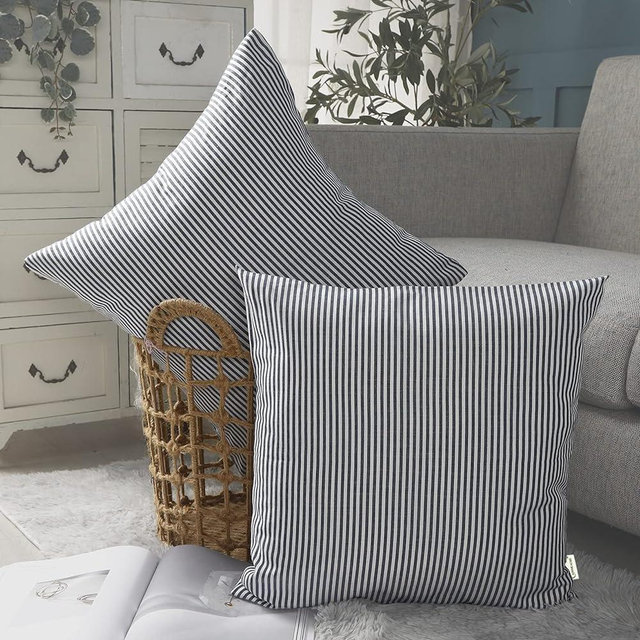 CARRIE HOME Blue White Farmhouse Striped Pillow Covers 18x18 Set of 2 Navy Blue Farmhouse Decor Pillows for Sofa Bedroom Chair and Christmas Decoration