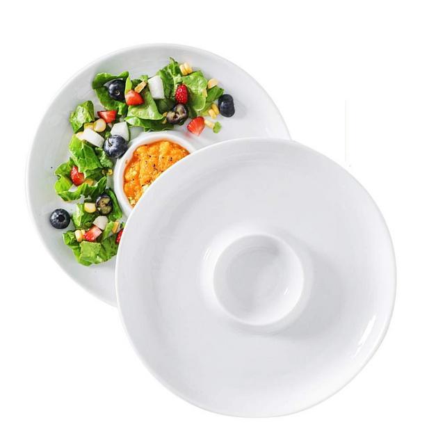 HengTianCheng White Round Chip and Dip Ceramic Serving Tray,Appetizer Dessert Potato Chips Dip Serving Platter Set,Parties, weddings, festivals Perfect Dinnerware(set of 2)