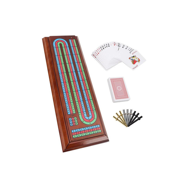 GSE Multi-Color 3-Track Wooden Cribbage Board Game Box with 2-Deck Playing Cards, 9 Metal Pegs, and Drawer