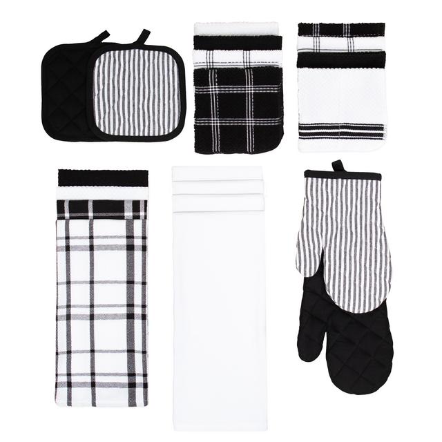 Mainstays, 20 Piece Set, Terry & Flat Kitchen Towel, Dish Cloth, Flour Sack, Oven Mitt, Pot Holder Black