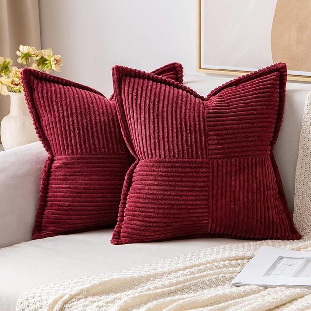 MIULEE Corduroy Pillow Covers with Splicing Set of 2 Super Soft Boho Striped Pillow Covers Broadside Decorative Textured Throw Pillows for Christmas Couch Cushion Bed Livingroom 18x18 inch, Burgundy