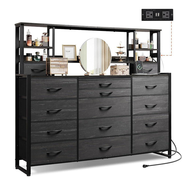 WLIVE 55" W Dresser for Bedroom with 15 Fabric Drawers & 5 Storage Shelves, Tall Black Dresser with Charging Station, Makeup Vanity Desk, Dressing Table, Chest of Drawers for Closet, Living Room