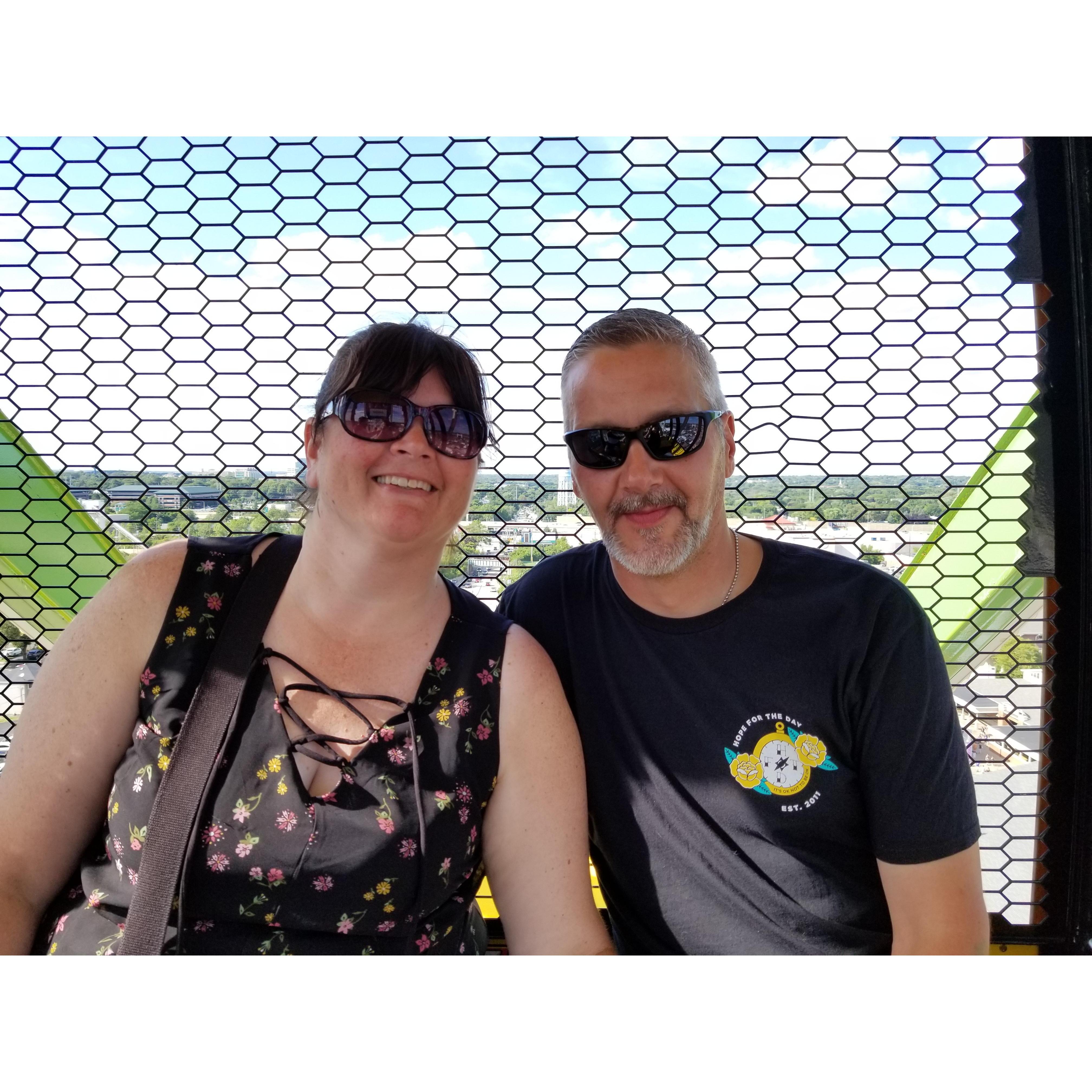 Riding high on the ferris wheel at the state fair.