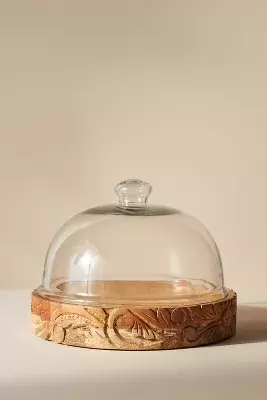 Carved Wooden Cake Stand with Glass Dome