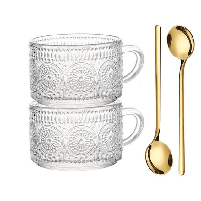 LUECMO Vintage Coffee Tea Cups [2 Pack], 14 oz Glass Tea Coffee Mugs, Clear Embossed Glass Cups for Cappuccino, Latte,Cereal, Yogurt, Beverage (Transparent)