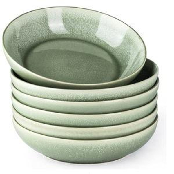 AmorArc 8.5'' Large Ceramic Pasta Bowls Set, 36oz Stoneware Bowls Set of 6 for Kitchen, Reavtive Glaze Bowls-Microwave,Dishwasher Safe for Pasta,Salad,Oatmeal-Olive Green