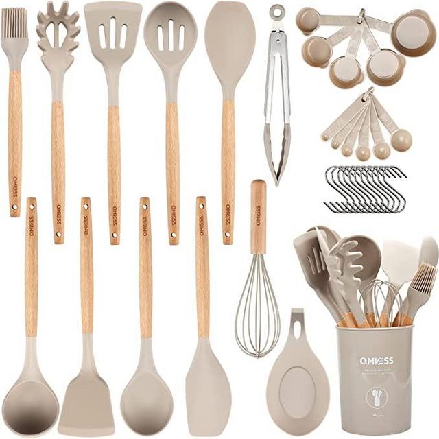 Kitchen Utensils Set, QMVESS 35 Pcs Non-Stick Silicone Cooking Utensils Set with Holder, Sturdy Wooden Handle, Heat Resistance Silicone Spatula Spoon Kitchen Gadgets Utensils Set (Khaki)