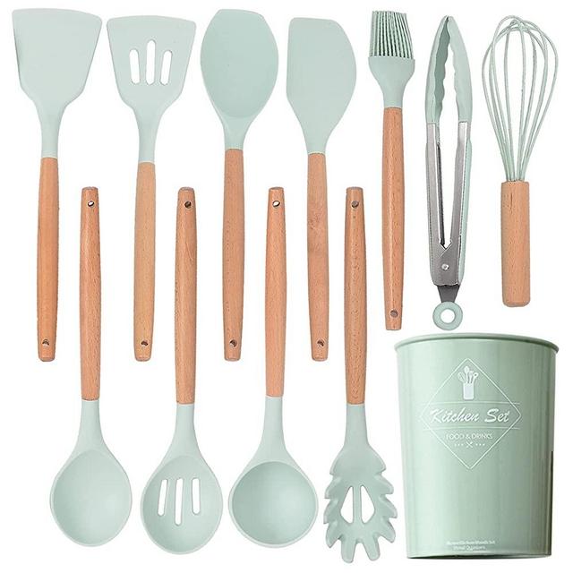 Keidason 12-piece Silicone Kitchen Utensils Set, Non-stick Cookware Is Heat-resistant, BPA-free, Stirring Kitchen Tool Set (Light Green)