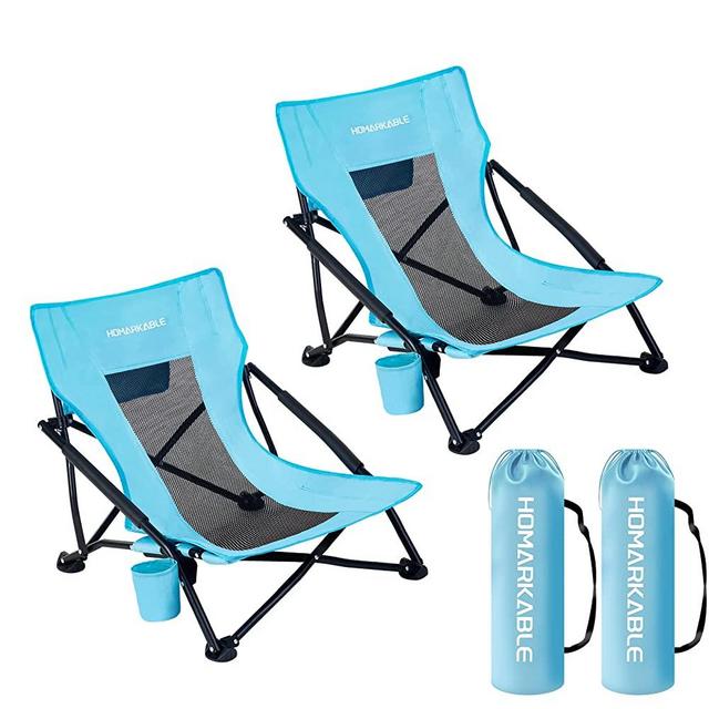 HOMARKABLE Low Beach Chair Folding Lightweight Beach Chairs for Adults, 2 Pcs Portable Camping Chair with Mesh Back, Cup Holder, Padded Armrest, Carry Bag for Outdoor Lawn Picnic Concert (2 Pack)
