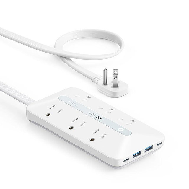 Flat Plug Power Strip(300J), Anker 20W USB C Power Strip, 10-in-1 Ultra Thin Power Strip with 6 AC, 2 USB A/2 USB C,5ft Extension Cord, Desk Charging Station,Home Office College Dorm Room Essentials