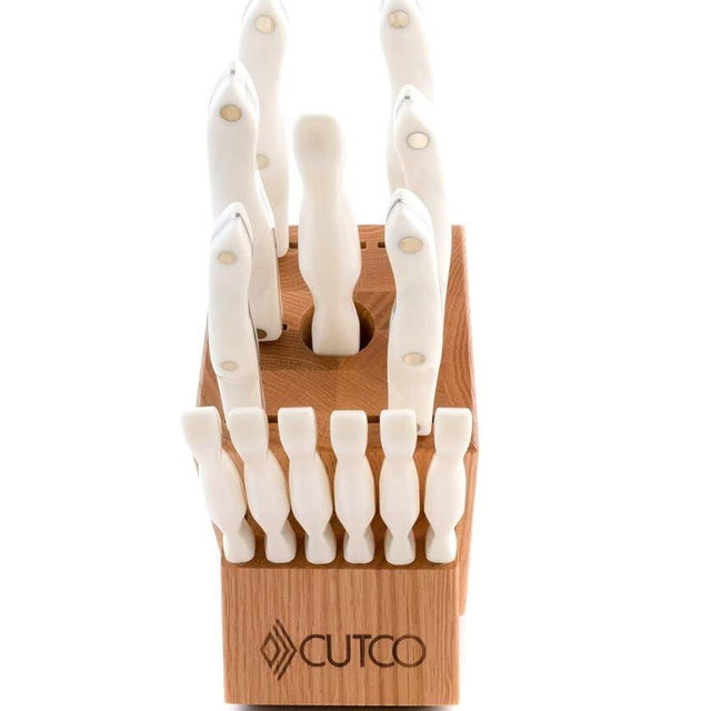 CUTCO Model 2008 Galley +6 Table Knives with White "Pearl" Handles....13 High Carbon Stainless knives & forks in factory-sealed plastic bags........#1744 Honey Oak knife block and #125 10" x 14" Poly Prep cutting board included.