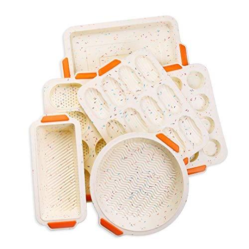 Meichu Non-stick Bake Molds Silicone Bakeware Set of 6, 1 Silicone Muffin Pan 12 Cup, 1 Madeleine Pan 12 cup, 1 Baguette Pan 8 cup, 1 Toast Loaf Pan, 1 Round Cake Pan and 1 Square Cake Pan (Colorful)