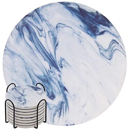 GOH DODD Absorbent Drink Coasters, 8 Pieces Ceramic Mats Table Centerpieces Home Decor with Cork Backing and Holder Stand for Home Office, Blue Marble Surface Pattern