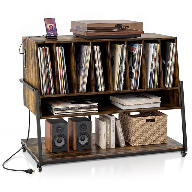 Giantex Large Record Player Stand with Charging Station, Turntable Stand with Storage Shelves & Wheels, Record Storage Table with Adjustable Foot Pads for Living Room, Music Room (Rustic Brown)