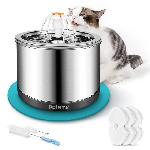 Cat Water Fountain Stainless Steel, POLAME 84oz/2.5L Dog Water Fountain with Ultra-Quiet Pump, Water Fountain for Cats with 3 Replacement Filters & 1 Mat for Cats or Dogs