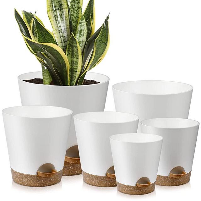 YNNICO Plant Pots Indoor 8/7/6.5/6/5.5/5 Inch Self Watering Planters with Drainage Holes and Saucers, Plastic Flower Pots, Nursery Planting Pot for Indoor Out Door Plants