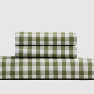 Classic Organic Percale Fitted Sheet Set in Olive Gingham | King Without Flat Sheet
