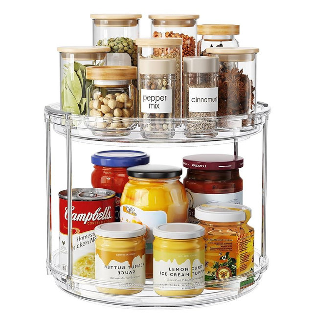 LazySpin 2 Tier Lazy Susan Organizer, 9.25'' Lazy Susan Turntable for Cabinet, Stackable Turntable Organizer Rotating Spice Rack Organization for Kitchen Countertop, Pantry, Bathroom, Clear