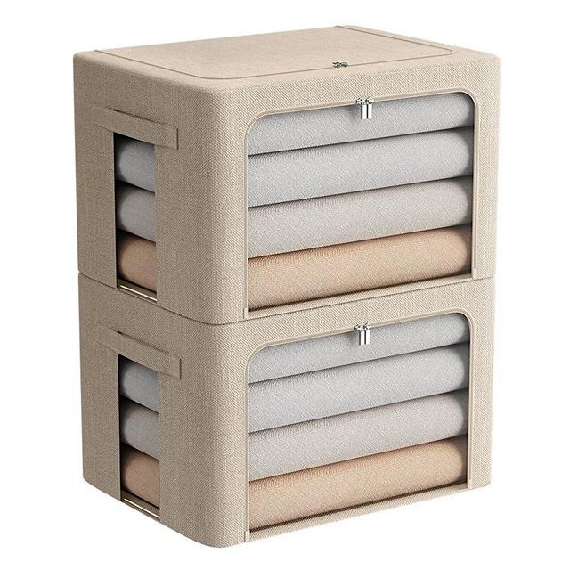 2 Pack Clothes Storage Bins - Stackable Metal Frame Storage Box Foldable Linen Fabric Box Organizer with Carrying Handles and Clear Window (Beige, 15.7X 11.8X 11.7 Inch)