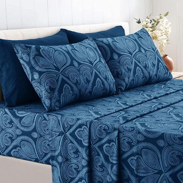 Lux Decor Collection Bed Sheets - 6 Pc King Size Sheets - 1800 Thread Count Brushed Microfiber Sheets - 16 Inches Deep Pocket Bedding Sheets & Pillowcases (King, Paisley Navy Blue)