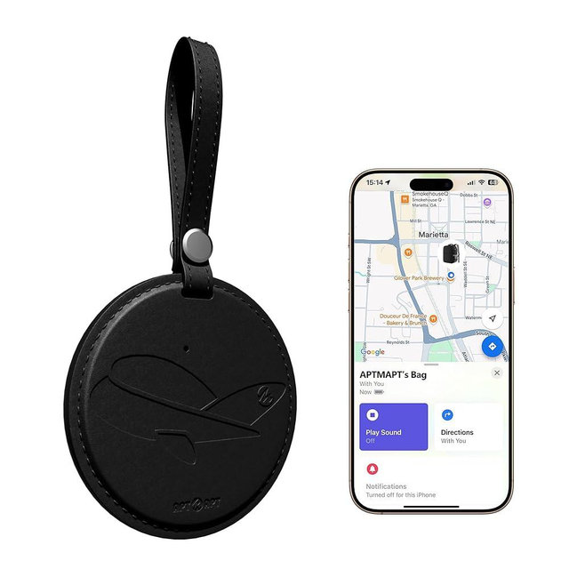 APTMAPT Smart Luggage Tag Works with Apple Find My, Premium Leather Suitcase Tracker with 2 ID Labels, TSA-Friendly, Anti-Lost Travel Essentials for Bags Backpacks, Wireless Charging, Black