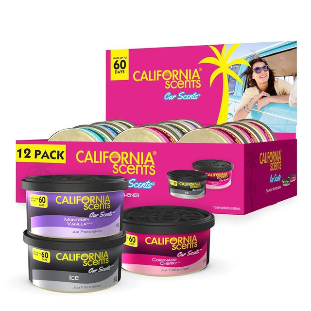 Can Air Freshener and Odor Neutralizer by California Scents, Set of 12 Spillproof Cans for Home and Car, Assorted Scents, 1.5 Oz Each
