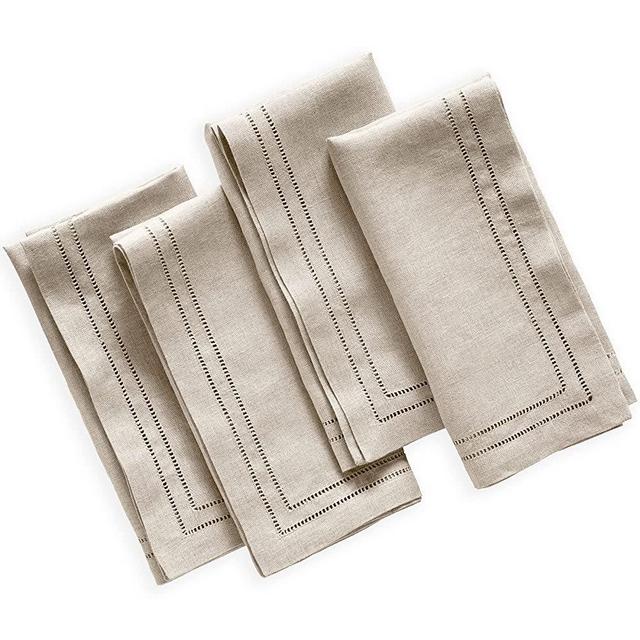 Linen Napkins - Double Hemstitch Dinner Napkins Cloth - Rustic Natural, 20 x 20 inch - French Linen Natural Fabric, Machine Washable, Set of 4 Cloth Napkins by O'lucio