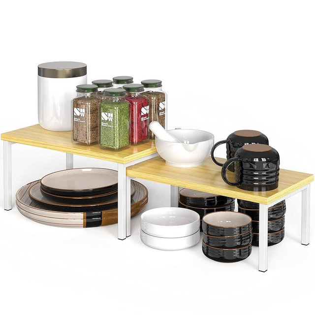 Simple Houseware Wooden Top Expandable Stackable Kitchen Cabinet and Counter Shelf Organizer, Oak