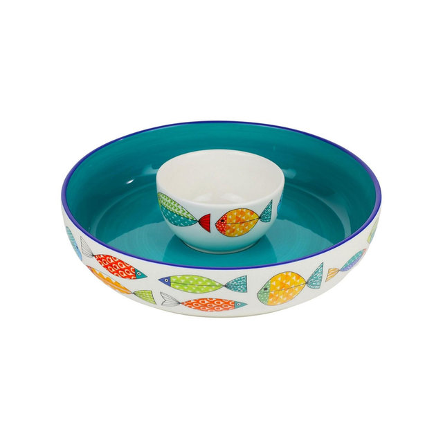 Euro Ceramica Fresh Catch 15" Chip and Dip Bowl Set, 2 Piece