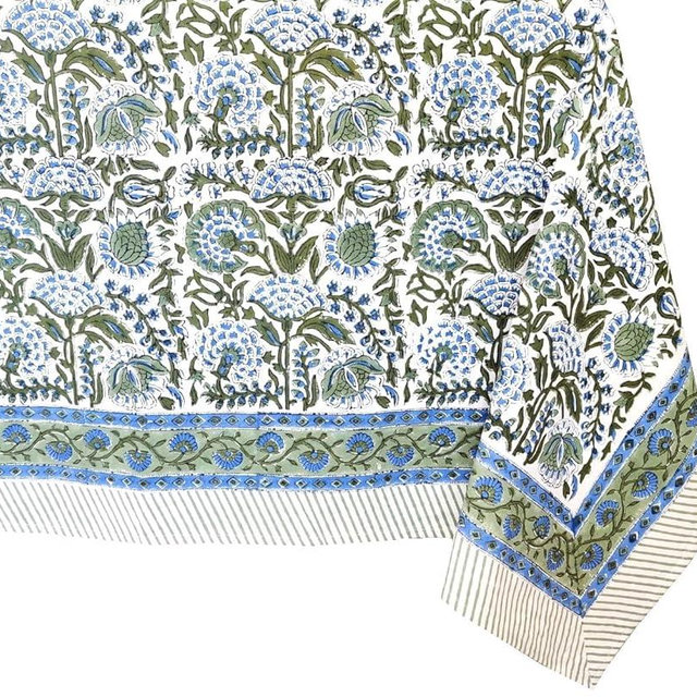 ATOSII Clover Blue 100% Cotton Rectangle Fall Tablecloth, Handblock Floral Linen Table Cloth for Kitchen Dining Table I Parties Wedding Christmas Thanksgiving I Fall Home Decor 60 X 108 Inches