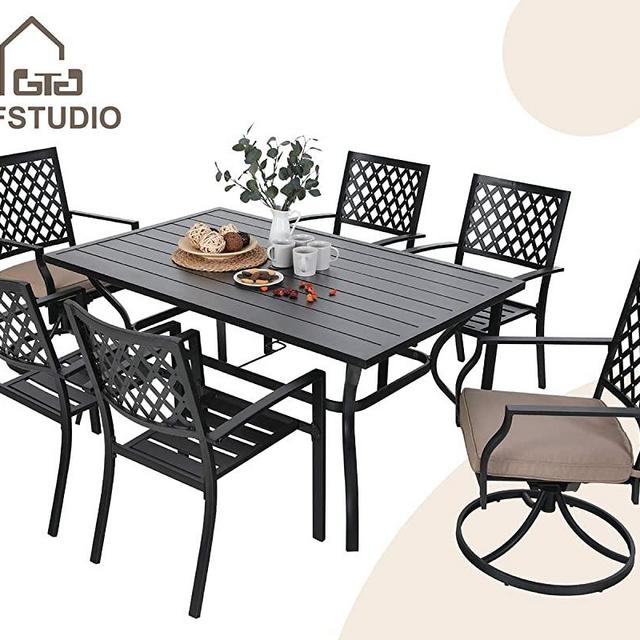 MFSTUDIO 7-Piece Metal Outdoor Patio Dining Set with 6 Armrest Chairs and 1 Steel Rectangular Table with 1.57“ Umbrella Hole, L60 x W38 x H28 Table, 4 Backyard Garden Chairs, 2 Swivel Chairs, Black