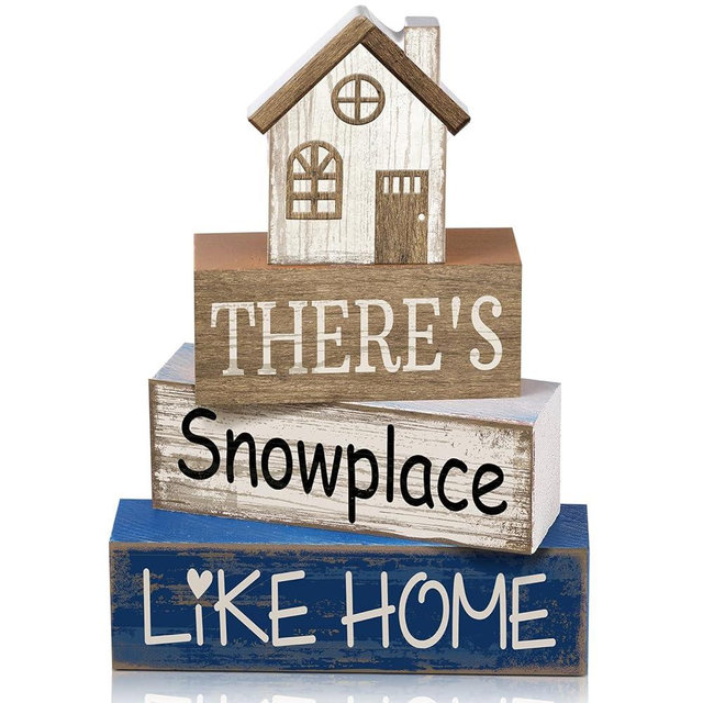 Lineshading 4 Pcs Winter Table Decoration Wooden House Decor Winter Tiered Tray Decor Rustic Decorative House Block Signs Gifts Christmas Centerpieces Farmhouse Sweet Home Decoration for Kitchen Desk
