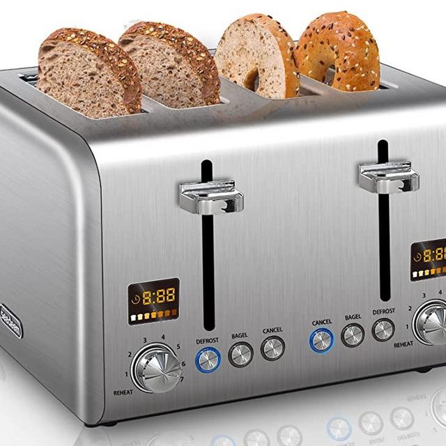 SEEDEEM 4 Slice Toaster, Stainless Steel Bread Toaster with Colorful LCD Display, 7 Bread Shade Settings, 1.5'' Wide Slots Toaster with Bagel/Defrost/Reheat Functions, Removable Crumb Tray, 1800W, Silver Metallic