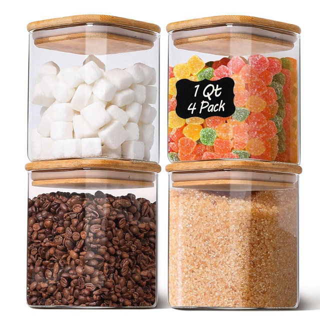 KTMAMA 1Qt Airtight Glass Canisters with Bamboo Lid, Square Pantry Storage Containers for Coffee, Cookie, Candy, Snack, Nuts, Dry Goods - Kitchen & Pantry Organizers and Storage Containers 4 pack
