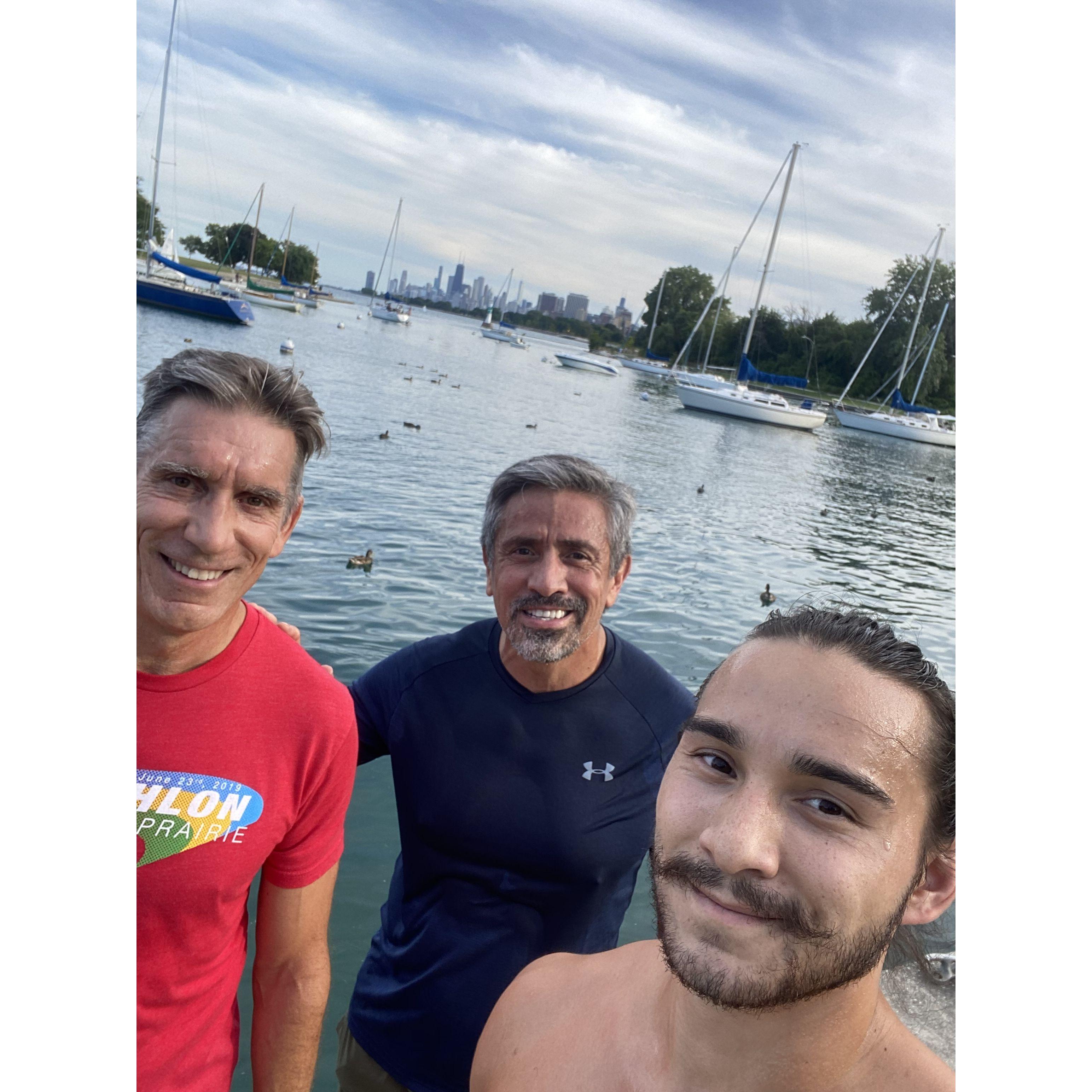 Running north on the Lakeshore Trail with Kevin.  Stopping at one of our favorite views, looking south across the entrance to Montrose Harbor toward downtown Chicago
