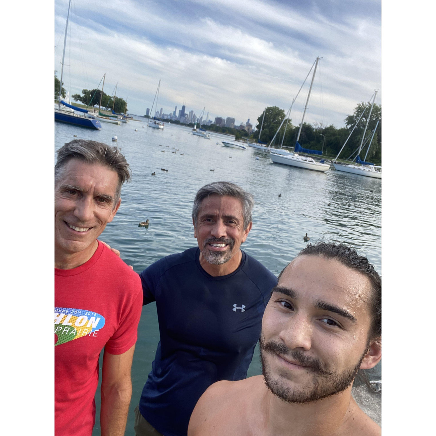 Running north on the Lakeshore Trail with Kevin.  Stopping at one of our favorite views, looking south across the entrance to Montrose Harbor toward downtown Chicago