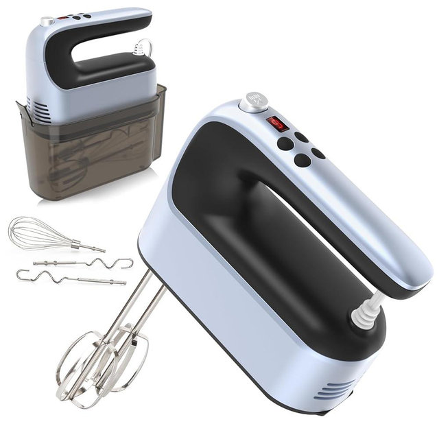 Yomelo 9-Speed Digital Hand Mixer Electric, 400W Powerful DC Motor, Baking Mixer Handheld with Snap-On Storage Case, 5 Stainless Steel Accessories, Flat Beaters, Dough Hooks, Whisk (Ocean Blue)