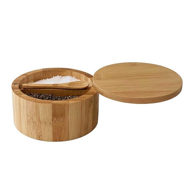 Bamboo Salt and Pepper Box - 2 Compartment - Built-in Serving Spoon - Swivel Lid with Magnet to Keep Dry, Dust-free - Salt Cellar Seasoning Container Holder Bowl- Divider with 7 Ounce Capacity