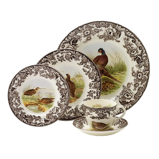 Spode Woodland 5 Piece Place Setting | Set Includes 1 Dinner Plate, Salad Plate, Bread and Butter Plate, and Teacup and Saucer | Made in England from Fine Earthenware | Microwave and Dishwasher Safe