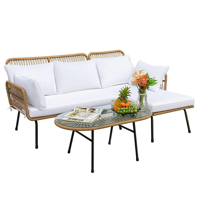 Devoko Outdoor Patio Furniture Set, Outdoor Sectional Conversation Rope Woven L-Shaped Sofa Set with Patio Table and Thick Cushions for Backyard Porch Balcony Garden, White