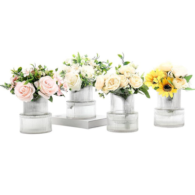 YANWE1 Ribbed Glass Vases, Set of 4 Small Vases for Flowers, Clear Glass Vase for Tulips, Modern Vase for Living Room, Kitchen, Office, Entryway, Bookshelf, Wedding Gifts, Birthday, 6 Inches