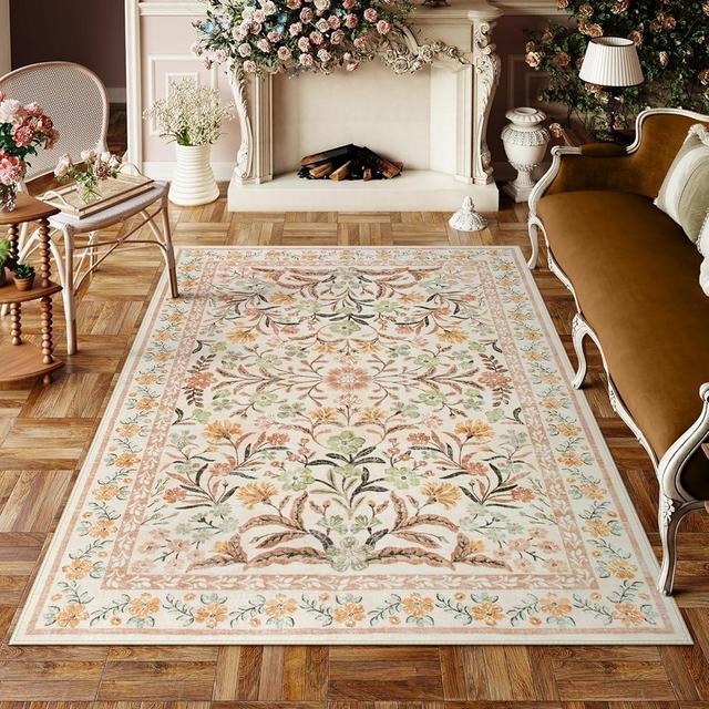 Lahome Fall Area Rugs 5x7, Boho Washable Rugs for Bedroom, Bohemian Brown Rugs for Living Room, Soft Floral Thin Carpet for Kids Room Apartment Dorm Home, Ochre Fall