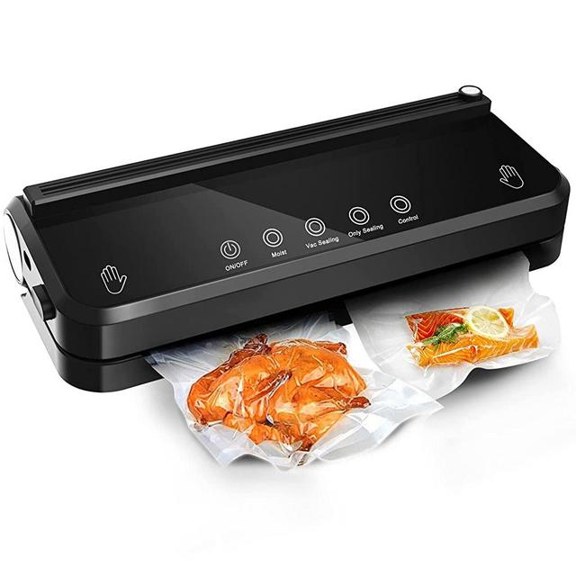BAIRUIFU Pro Automatic Food Vacuum Sealer Machine with Starter Vacuum Seal Bags Rolls, Built-in Cutter and Seal Bag Container, Dry & Moist Modes, Easy to Operate and Easy to Clean, Less Noise, Black