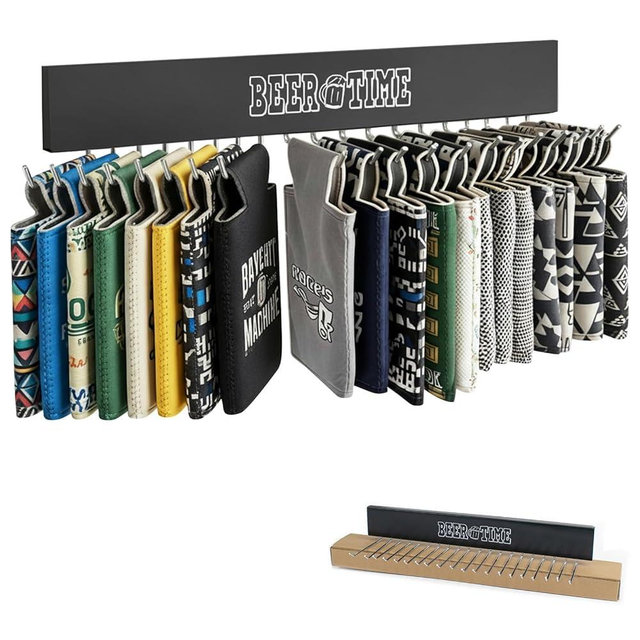 Stick on Can Cooler Holder Storage Wall Mount, Cooler Organizer Rack with 20 Rotatable Metal Hooks, Adhesive Drink Cooler Dispenser, Wooden Beer Sleeve Accessories for Fridge & Wall, Rust-Resistant