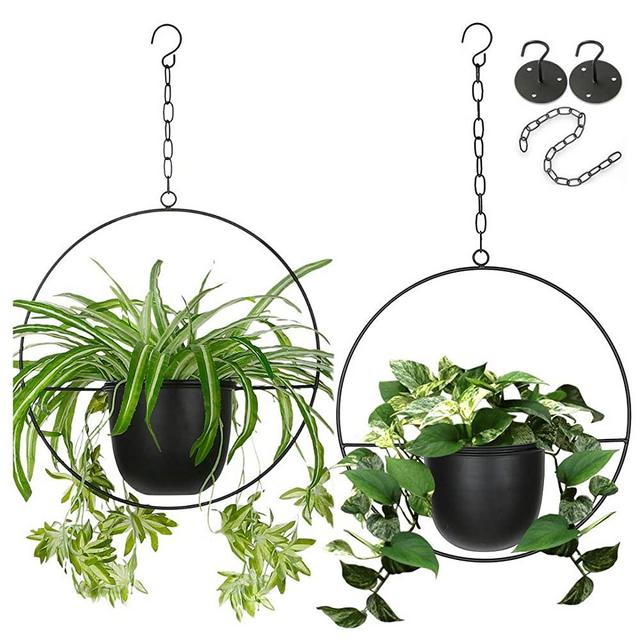 2 Pack Eco Joy Boho Metal Hanging Planters with 6" Pot (Detachable) + Hook + Chain | Hanging Planters Indoor, Modern Wall & Ceiling Planters, Mid Century Planter for Indoor & Outdoor, NO Plant incld