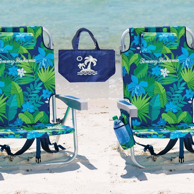 2 Tommy Bahama Backpack Beach Chairs (Green Flowers + Green Flowers) + 1 Medium Tote Bag