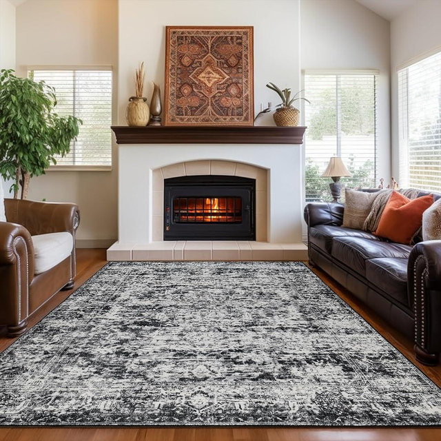 CRYPTOLITE Rugs for Living Room, 8x10 Large Area Rugs Ultra Soft Washable, 0.3″ Vintage Boho Faux Wool Carpet for Dining Room, Bedroom, Office, Home Decor (Dark Grey)