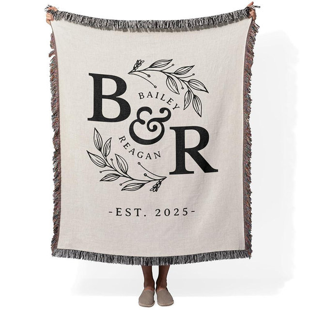 Studio Sam Personalized Woven Wedding Blanket with Monogram Names, Custom Tapestry for Couples, Anniversary, Engagement Gift (Natural, 60" × 50" Medium)
