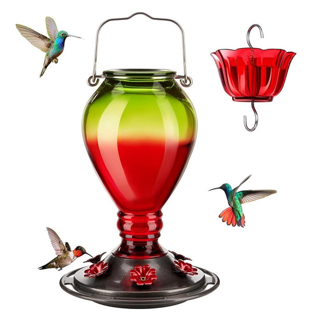 Kingsyard Glass Hummingbird Feeder - 6 Bee Guard Feeding Ports & Ant Moat, 24 oz Leak Proof, Wild Bird Feeder for Outdoors Hanging, Easy to Clean & Refill, Garden Yard Decor, Red & Green